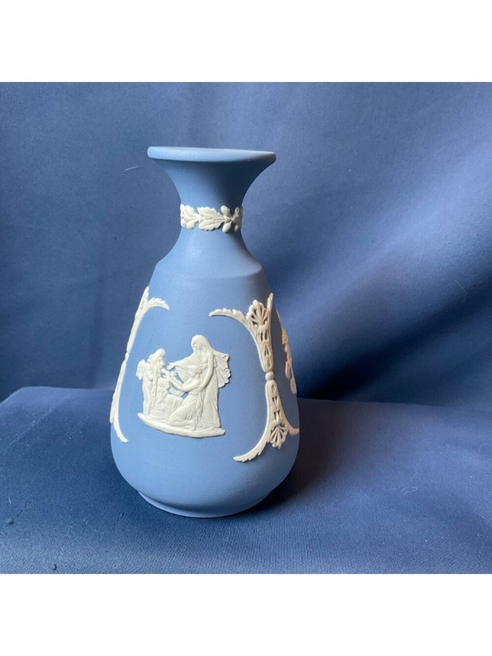 Vintage Wedgwood Jasperware Blue Bud Vase White Relief Classical Scenes England